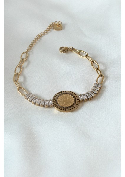 316L Çelik Gold Renk Tam Altın Modelli Zirkon Taşlı Kadın Bileklik BB5098