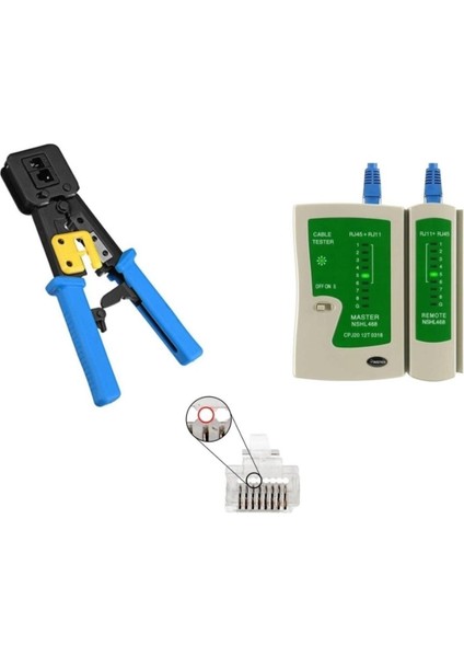 S-Link RJ45-RJ11 Cat5 Cat6 Kolay Sıkma Pensesi + Kablo Test Cihazı + Yeni Nesil Jak 10 Adet 3 Lü Set