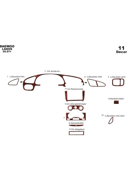 Meriç® Daewoo Lanos Ön Torpido Kaplama Maun 11 Parça 1997-›