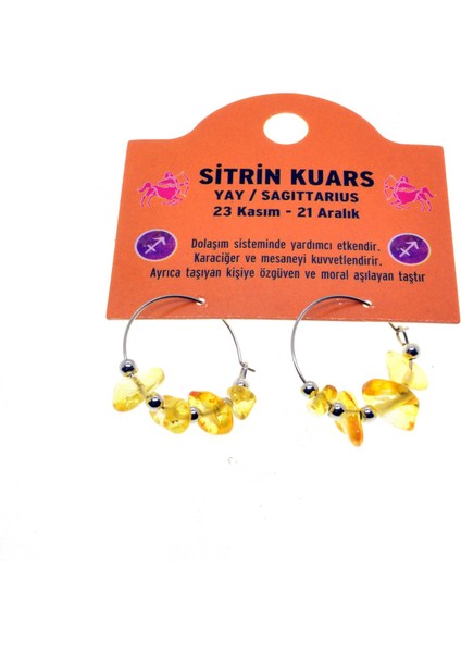 Doğaltaş Yay Burçu Sitrin Kuars Taşı Burç Küpe - 2342