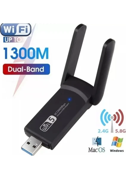 AC1300 Mbps Dual Band USB 3.0 Adaptör Kablosuz Wifi Alıcı