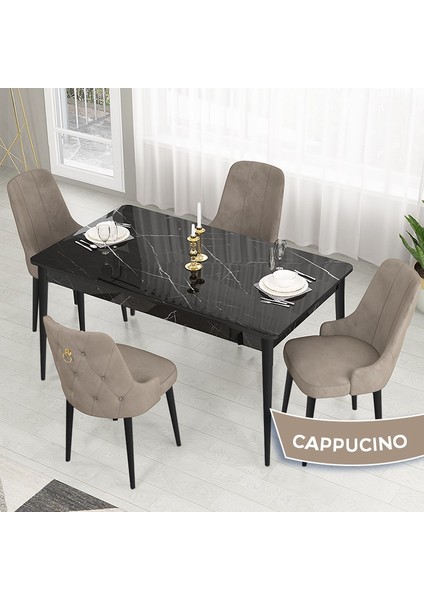 Lav Serisi Sabit 80X130 Siyah Mermer Desen Mutfak Masası Takımı 4 Sandalye Gold Halkalı