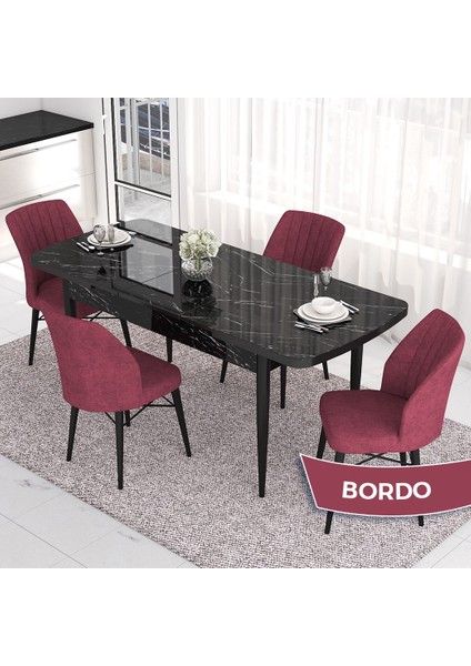 Concept Eva Serisi 80X132 Açılabilir Mdf Siyah Mermer Desen Masa Mutfak Masa Takımı ve 4 Sandalye