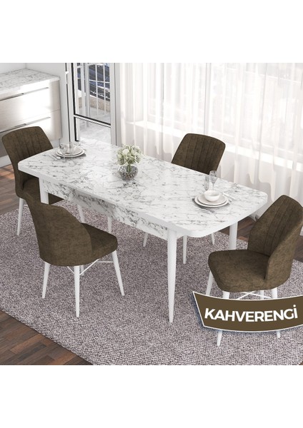 Concept Eva Serisi 80X132 Açılabilir Mdf Beyaz Mermer Desen Masa Mutfak Masa Takımı ve 4 Sandalye