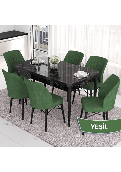 Concept Eva Serisi 80X132 Açılabilir Mdf Siyah Mermer Desen Masa Mutfak Masa ve 6 Sandalye