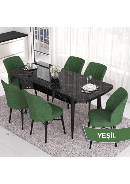 Concept Eva Serisi 80X132 Açılabilir Mdf Siyah Mermer Desen Masa Mutfak Masa ve 6 Sandalye fiyatları