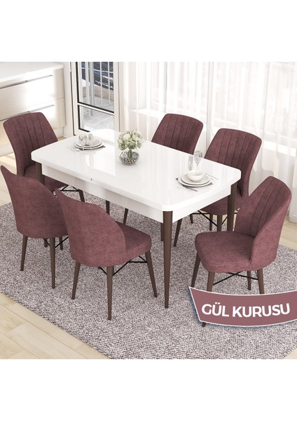 Concept Eva Serisi 80X132 Açılabilir Mdf Beyaz Masa Ceviz Ayak Mutfak Masa Takımı ve 6 Sandalye