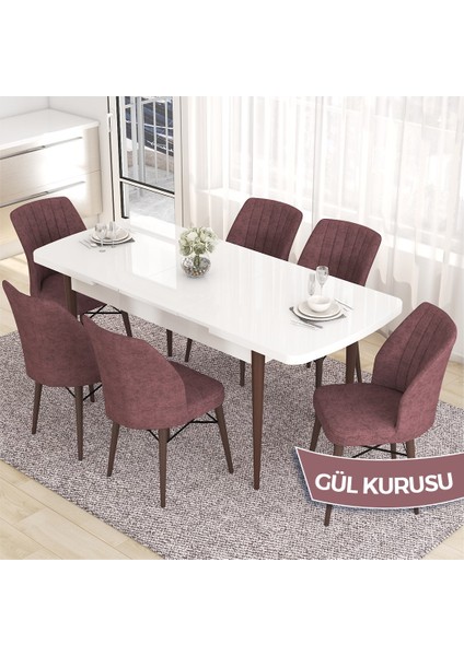Concept Eva Serisi 80X132 Açılabilir Mdf Beyaz Masa Ceviz Ayak Mutfak Masa Takımı ve 6 Sandalye