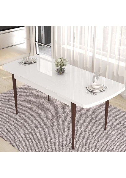 Concept Eva Serisi 80X132 Açılabilir Mdf Beyaz Masa Ceviz Ayak Mutfak Masa Takımı ve 6 Sandalye