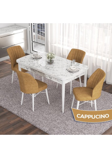 Concept Eva Serisi 80X132 Açılabilir Mdf Beyaz Mermer Desen Masa Mutfak Masa Takımı ve 4 Sandalye
