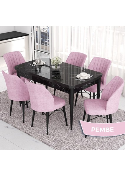 Concept Eva Serisi 80X132 Açılabilir Mdf Siyah Mermer Desen Masa Mutfak Masa ve 6 Sandalye