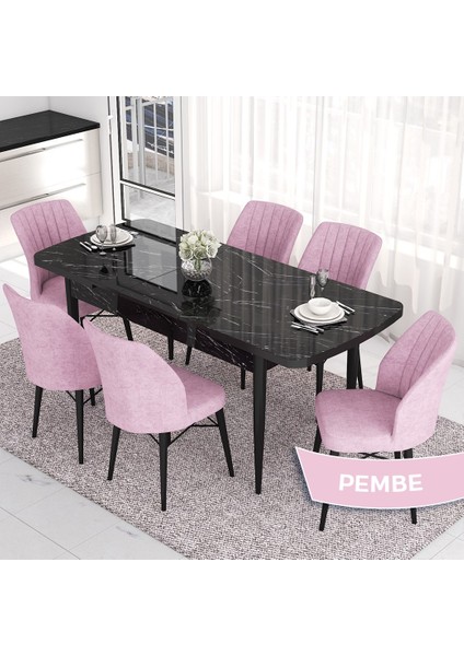 Concept Eva Serisi 80X132 Açılabilir Mdf Siyah Mermer Desen Masa Mutfak Masa ve 6 Sandalye fiyatları