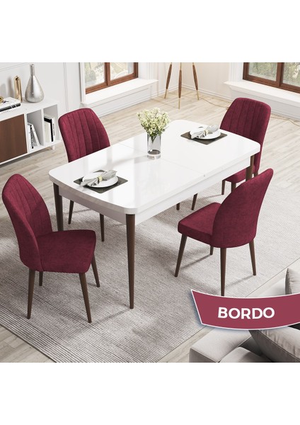 Concept Rio Serisi 80X132 Mdf Açılabilir Beyaz Masa Ceviz Ayak Mutfak Masası Takımı 4 Adet Sandalye