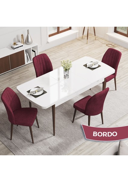 Concept Rio Serisi 80X132 Mdf Açılabilir Beyaz Masa Ceviz Ayak Mutfak Masası Takımı 4 Adet Sandalye