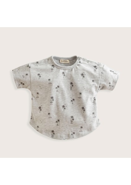 Tropic Düğmeli Baskılı Tshirt Gri Melanj