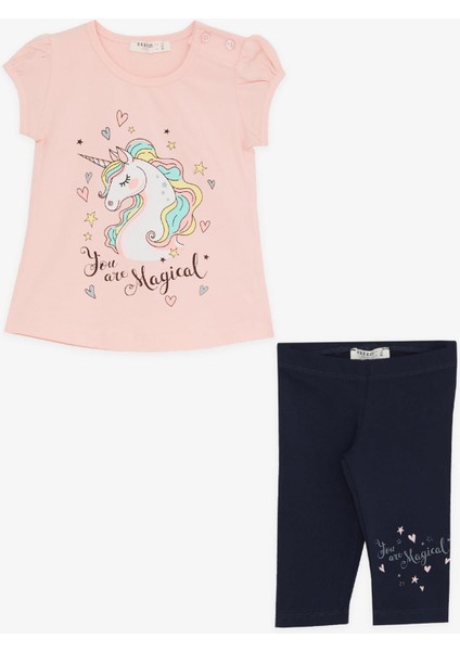 Kız Çocuk Kapri Taytlı Takım Unicorn Baskılı 1.5-5 Yaş, Somon