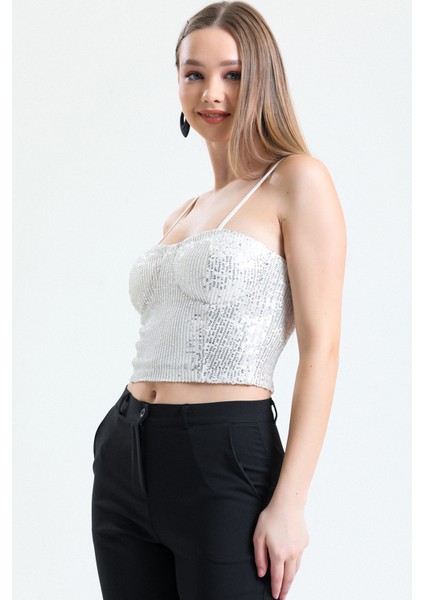 Gloplu Arkası Fermuarlı Zara Payet Bustiyer | BST33154 Bej