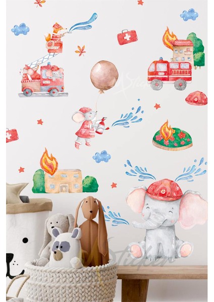 Sevimli Itfaiyecile Çocuk Bebek Odası Cam Dolap Duvar Sticker Seti, Itfaiyeci Hayvanlar