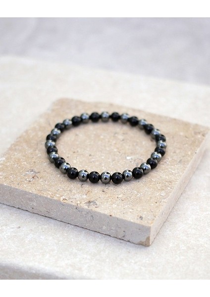 Sertifikalı Hematit - Karlı Obsidyen Doğal Taş Bileklik 8 mm