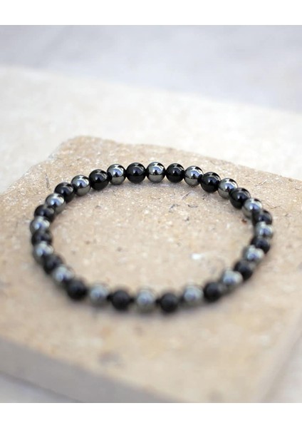Sertifikalı Hematit - Karlı Obsidyen Doğal Taş Bileklik 8 mm