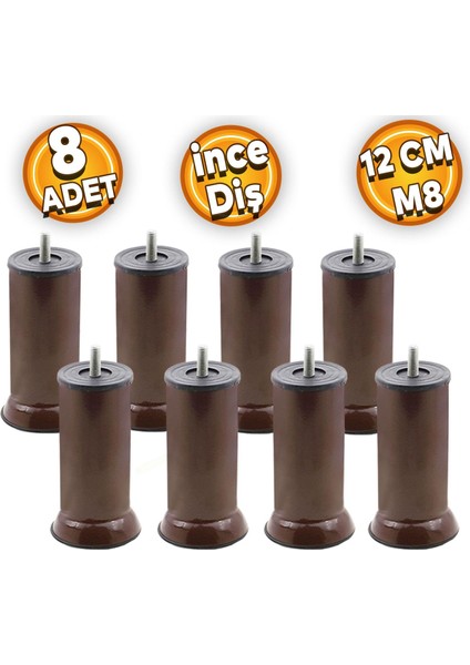 Mobilya Baza Kanepe Koltuk Çekyat Yükseltme Ayağı Ince Diş M8 Kahve Metal Ayakları 12cm 8 Adet