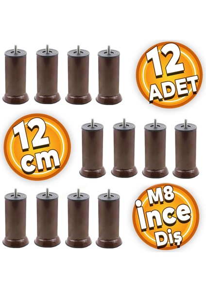 Metal Baza Koltuk Kanepe Mobilya Destek Ayağı Ince Diş Civatalı Metrik 8 Kahverengi Ayakları 12 Cm 12 Adet