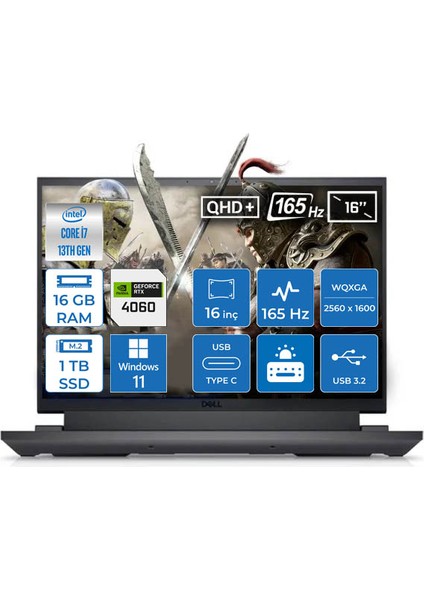 Gaming G16 7630 Intel Core i7 13650HX 16GB 1TB SSD 8GB RTX4060 Windows 11 Home 16" QHD+ 165Hz Taşınabilir Bilgisayar G167630005WH002