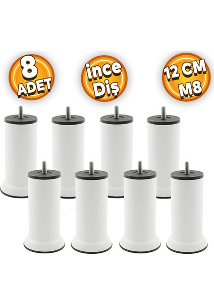 Mobilya Baza Metal Kanepe Koltuk Destek Ayağı M8 Civatalı Ince Diş Beyaz Metal Ayak 12 cm (8 Adet)