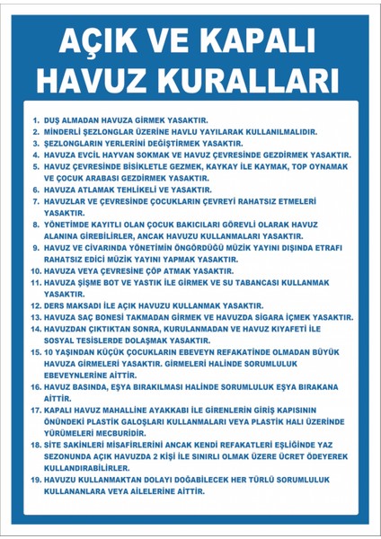 Uyarı Yönlendirme Levhaları "açık ve Kapalı Havuz Kuralları" 25X35CM Dekota