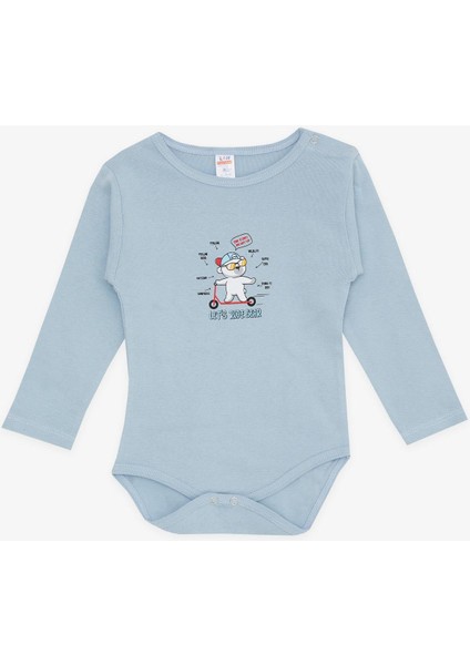Erkek Bebek Çıtçıtlı Body Gözlüklü Ayıcık Baskılı 9 Ay-3 Yaş, Buz Mavisi