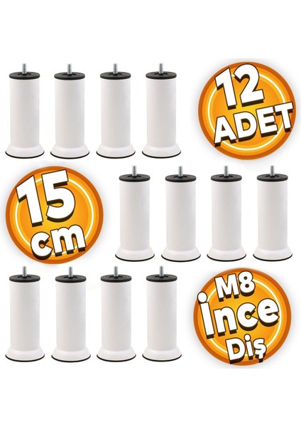 Mobilya Kanepe Baza Koltuk Çekyat Yükseltme Ayağı M8 15 Cm Beyaz Metal Ince Diş Ayakları 12 Adet