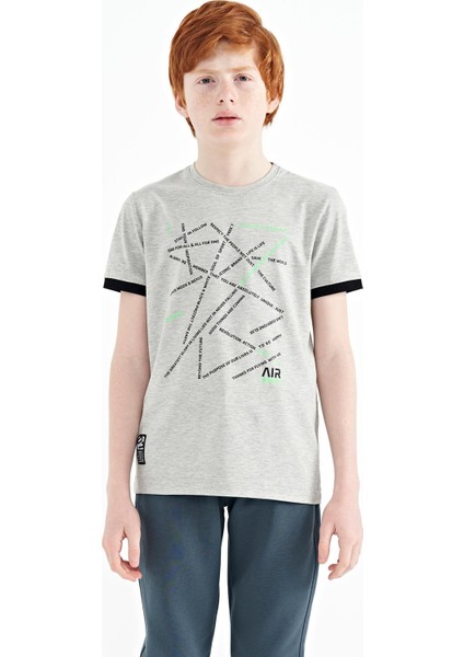 Gri Melanj Minimal Yazı Baskılı Standart Kalıp O Yaka Erkek Çocuk T-Shirt - 11132