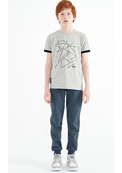 Gri Melanj Minimal Yazı Baskılı Standart Kalıp O Yaka Erkek Çocuk T-Shirt - 11132 modelleri