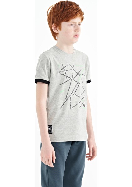 Gri Melanj Minimal Yazı Baskılı Standart Kalıp O Yaka Erkek Çocuk T-Shirt - 11132 fırsatları