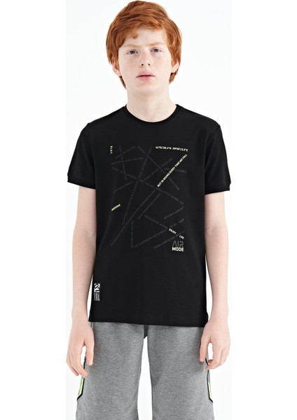 Siyah Minimal Yazı Baskılı Standart Kalıp O Yaka Erkek Çocuk T-Shirt - 11132