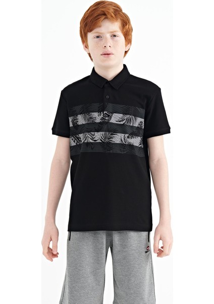 Siyah Baskı Detaylı Standart Kalıp Polo Yaka Erkek Çocuk T-Shirt - 11101