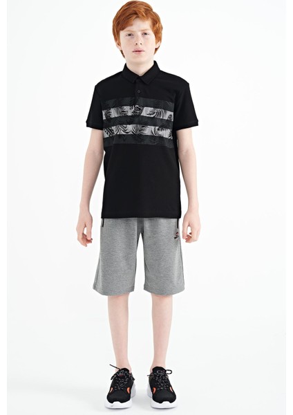 Siyah Baskı Detaylı Standart Kalıp Polo Yaka Erkek Çocuk T-Shirt - 11101 modelleri