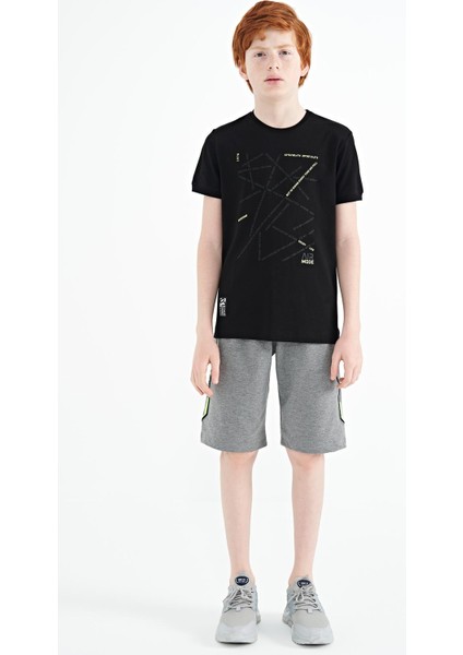 Siyah Minimal Yazı Baskılı Standart Kalıp O Yaka Erkek Çocuk T-Shirt - 11132 modelleri