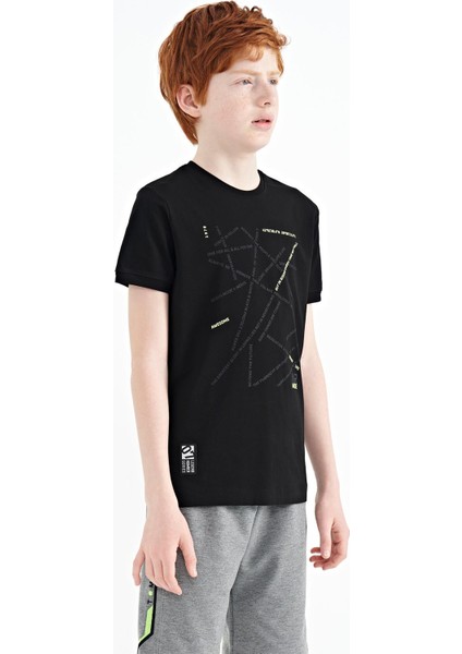 Siyah Minimal Yazı Baskılı Standart Kalıp O Yaka Erkek Çocuk T-Shirt - 11132 fırsatları