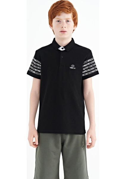 Siyah Kol Baskı Detaylı Standart Kalıp Polo Yaka Erkek Çocuk T-Shirt - 11093
