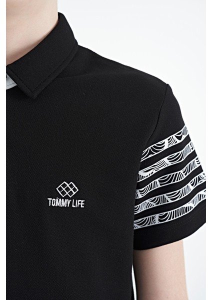 Siyah Kol Baskı Detaylı Standart Kalıp Polo Yaka Erkek Çocuk T-Shirt - 11093 fiyatları