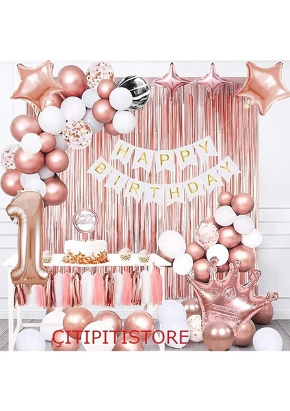 Çıtı Pıtı Store Kral Taçlı Rose Gold 1 Yaş Doğum Günü Balon Seti