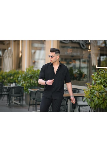 Tek Cepli Dokulu Oversize Gömlek - Siyah fırsatları
