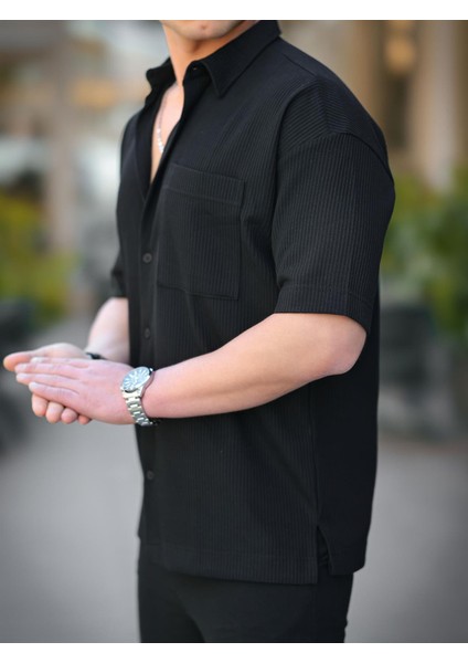 Tek Cepli Dokulu Oversize Gömlek - Siyah modelleri