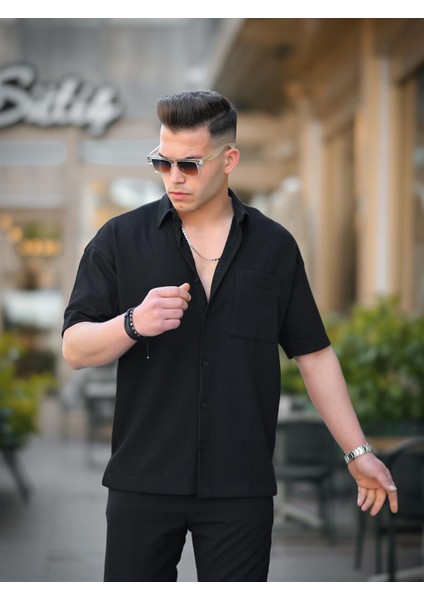 Tek Cepli Dokulu Oversize Gömlek - Siyah