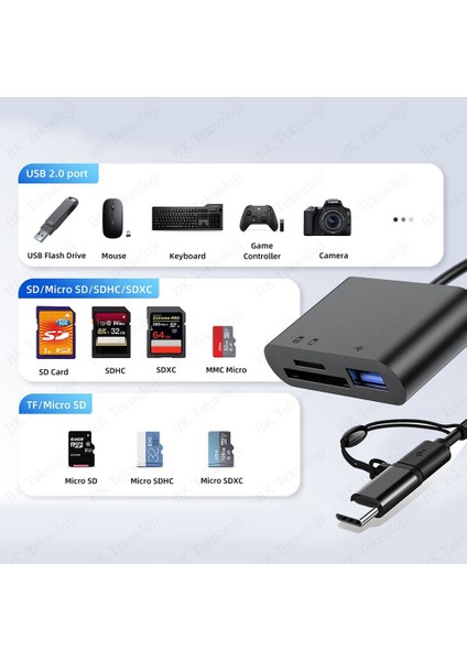 Type-C + Micro USB 3in1 Otg + Sd-Tf Kart Okuyucu