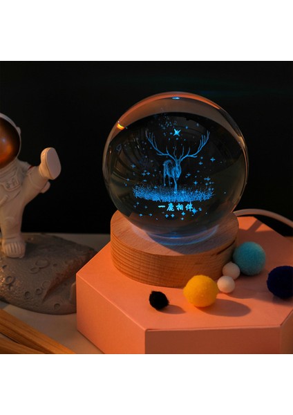 Kişiye Özel Işıklı Ahşap Kaideli Geyik Temalı Cam Küre 8*6cm ve Lotus Çiçeği Kolye