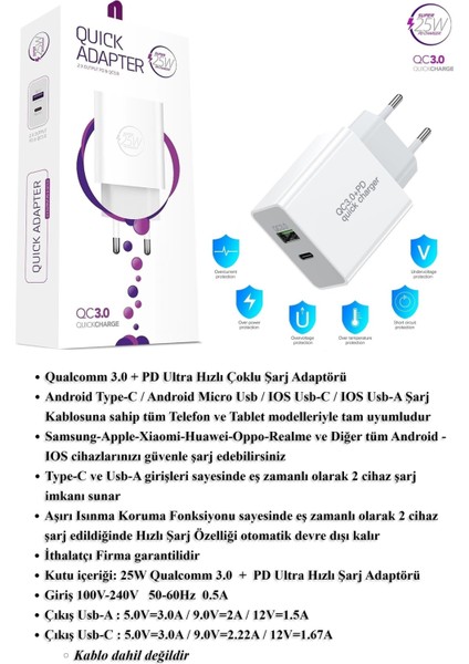 Samsung Galaxy A21 Uyumlu 25W Ultra Hızlı Çoklu Şarj Cihazı Adaptör Qualcomm3.0 - Ithalatçı Garantili