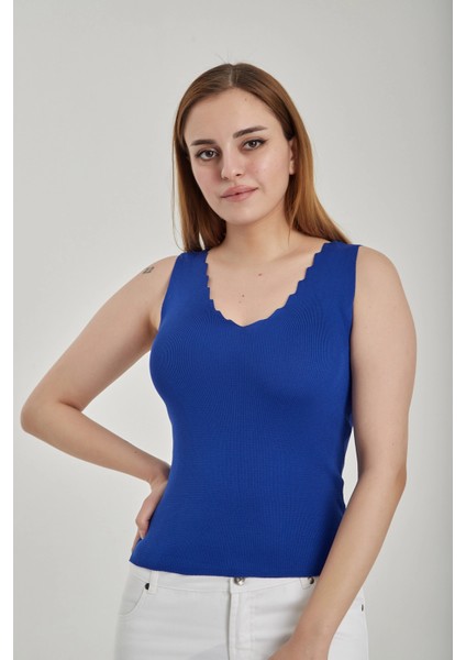 Kadın Merdiven Yaka Crop Triko Bluz