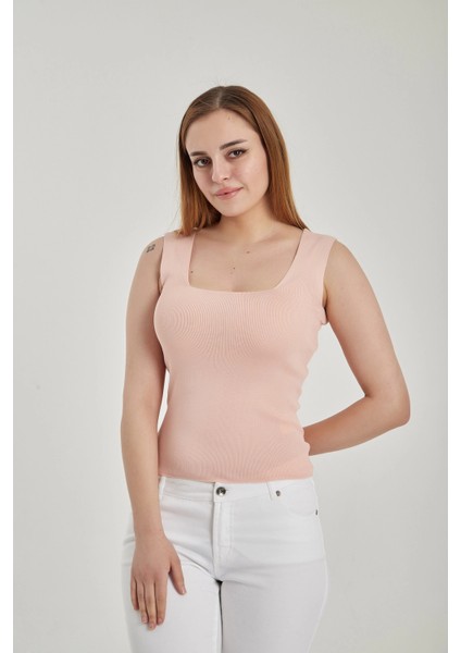 Kadın Kare Yaka Crop Triko Bluz